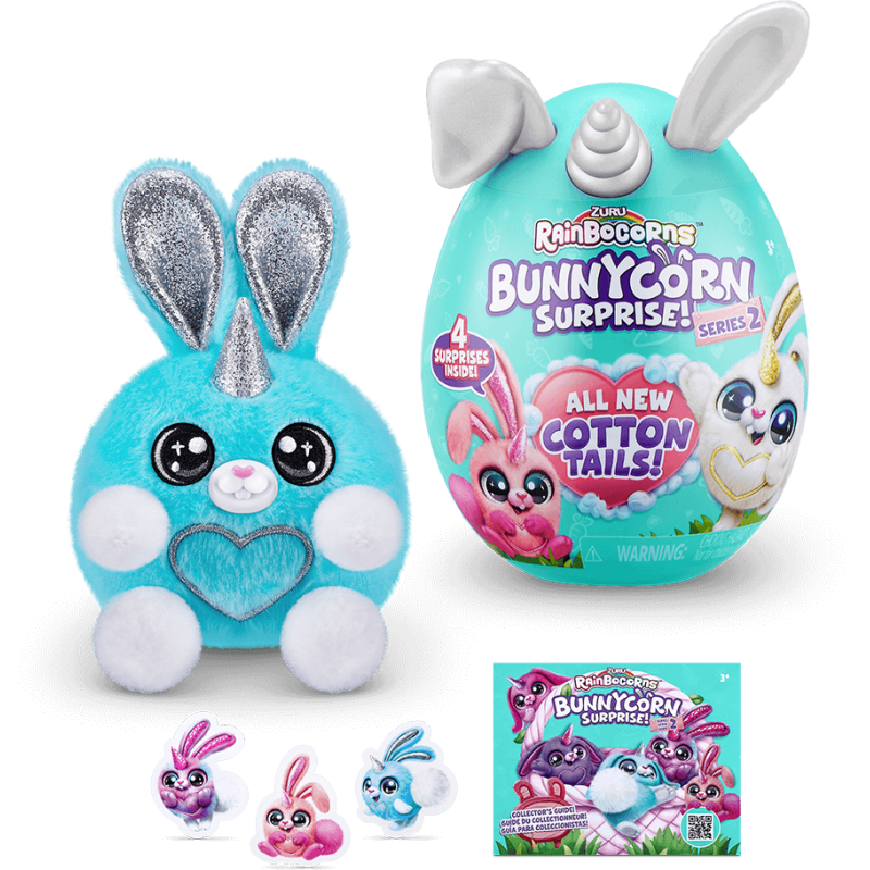 Peluche Rainbocorns conejo Bunnycorn en huevo con cuerno de unicornio, perfumado y con 4 accesorios juego de mesa