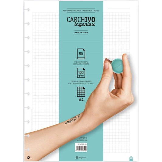 Recambio hojas cuadriculadas A4 Cuaderno Ingeniox libreriadavinci