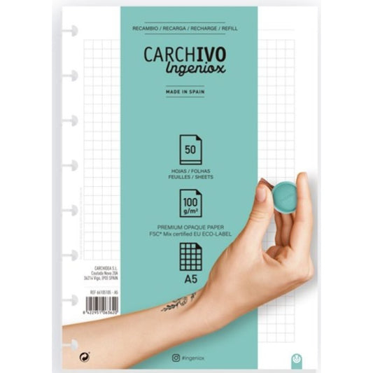 Recambio hojas cuadros A5 Cuaderno Ingeniox libreriadavinci