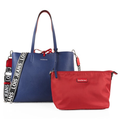 Bolso shopper reversible 15.6'' + neceser. Azul marino y rojo libreriadavinci