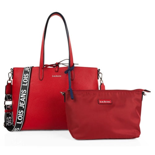 Bolso shopper reversible 15.6'' + neceser. Azul marino y rojo libreriadavinci