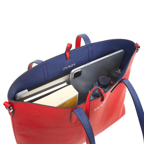 Bolso shopper reversible 15.6'' + neceser. Azul marino y rojo libreriadavinci