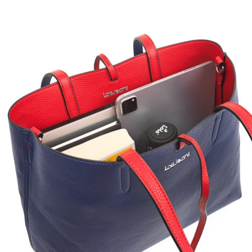 Bolso shopper reversible 15.6'' + neceser. Azul marino y rojo libreriadavinci