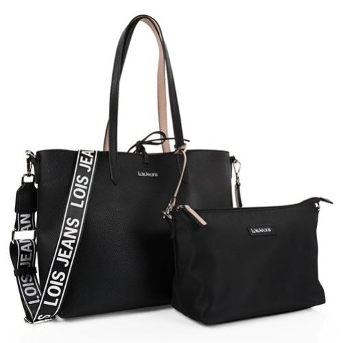 Bolso shopper reversible 15.6'' + neceser. Negro y rosa libreriadavinci